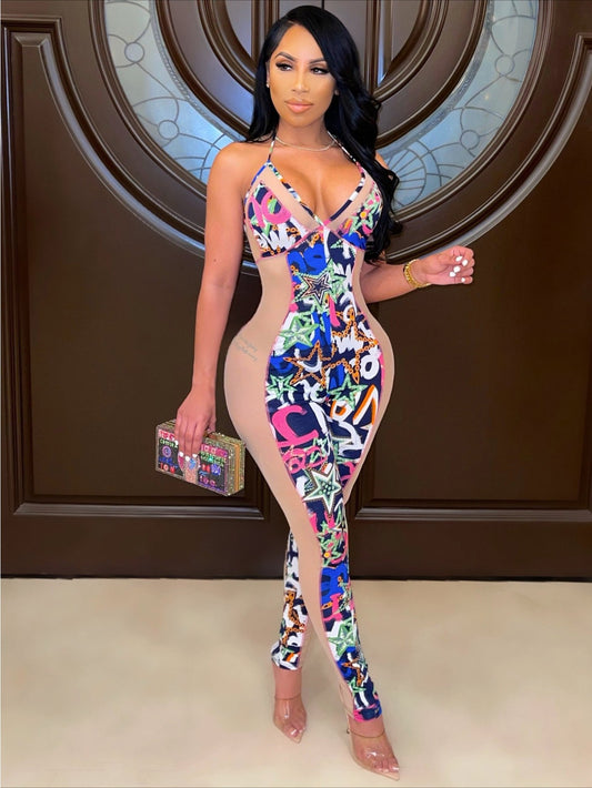 LUCKFOX Sexy Halter Jumpsuit with Digital Print and Contrasting Color Splicing | Mesh, Sleeveless, Midi Length, Geometric Pattern, Casual Style, Perfect for Spring/Summer/Fall