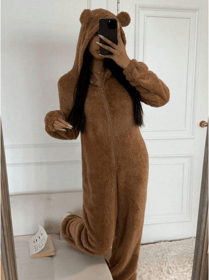 Thickened And Fleece-Lined Onesie for Autumn And Winter, Featuring a Cute Leopard Print with a Hood And Ears, Perfect for Cozy Home Wear