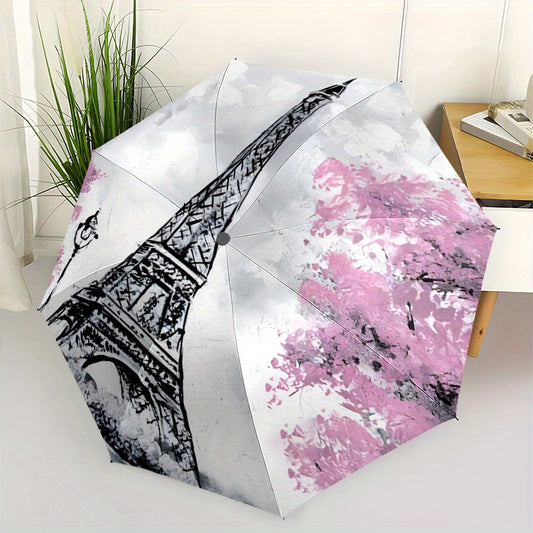 Automatic Open/Close Umbrella with Eiffel Tower Design - Parisian Landmark Pattern in Black/White/Pink/, Compact Folding Parasol with 8-Rib Sturdy Frame, Auto Umbrella for Travel, Everyday & Special Events - Ideal French Trav