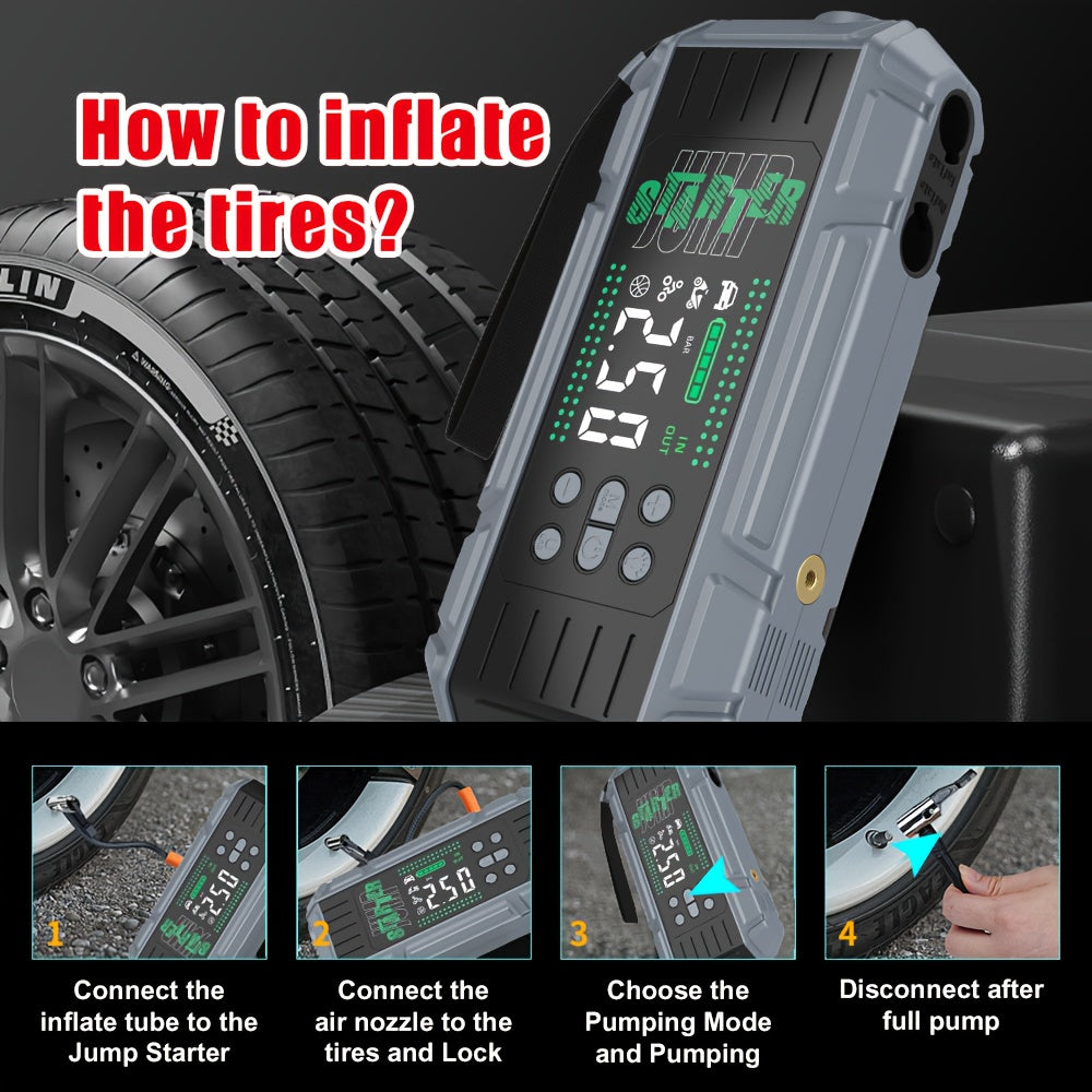 9000A Peak Jump Starter Battery Pack with Air Compressor, Portable Emergency Car Booster for Up to 12.0L Gas/8.0L Diesel Engines, 12V Car Battery Jumper with Display, Smart Jump Cables, PD65W Fast Input & Output, LED Emergenc