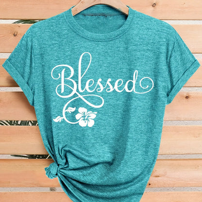 Women's Casual Short Sleeve T-Shirt - Blessed Floral Print Retro Style, Soft Stretch Round Neck Top, Machine Washable All-Season Comfort, Multi-Color Options S-XXL, Ladies T Shirts