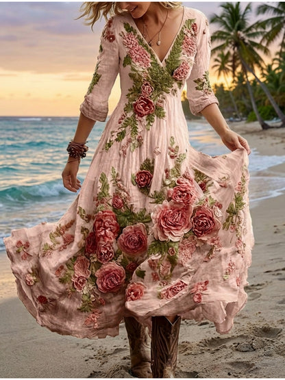 Women's Bohemian A-Line Dress with V-Neck & Cross Back Straps - Short Front Slit & Flowing Floor-Length Skirt, Wedding Guest Gown for Spring Summer Fall Parties, Short Front Long Back Dress (No Underbelly)