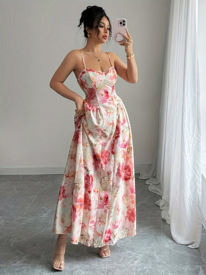 Print French-Inspired Off-Shoulder Maxi Dress with Ruffled Hem - Sleeveless, Cinched Waist, Flowy Design for Women - Perfect for Spring/Summer/Fall - Pink Floral Print on White, Cute Dress