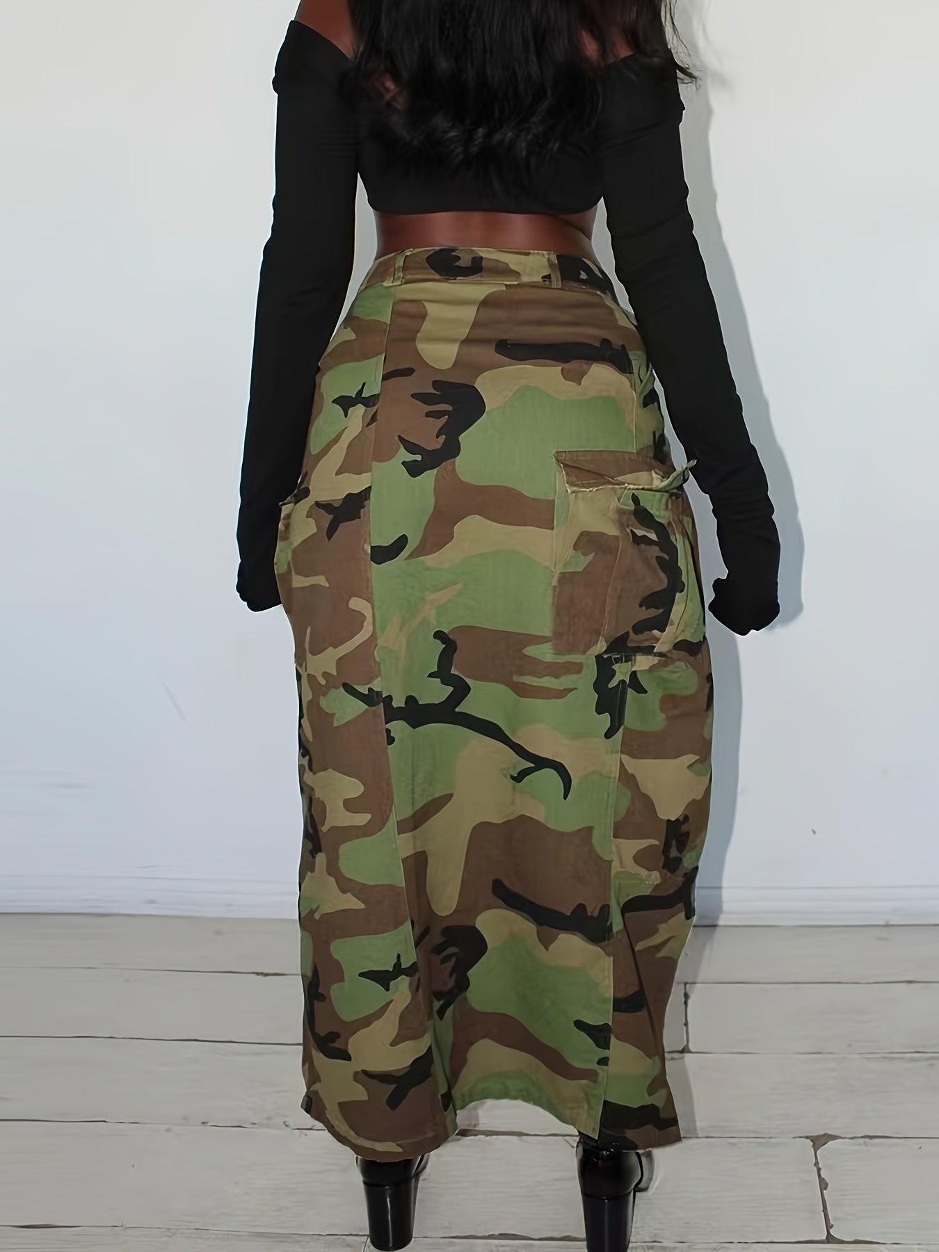 25AW Women's Plus Size Elastic Retro Versatile Casual Fashion Elegant Mid-Waist Multi-Pocket Machine Washable Durable Multi-Function Camouflage Print Cargo Loose Denim Skirt Street Style