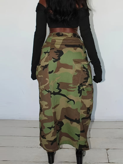 25AW Women's Plus Size Elastic Retro Versatile Casual Fashion Elegant Mid-Waist Multi-Pocket Machine Washable Durable Multi-Function Camouflage Print Cargo Loose Denim Skirt Street Style