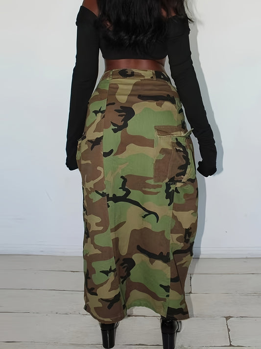25AW Women's Plus Size Elastic Retro Versatile Casual Fashion Elegant Mid-Waist Multi-Pocket Machine Washable Durable Multi-Function Camouflage Print Cargo Loose Denim Skirt Street Style