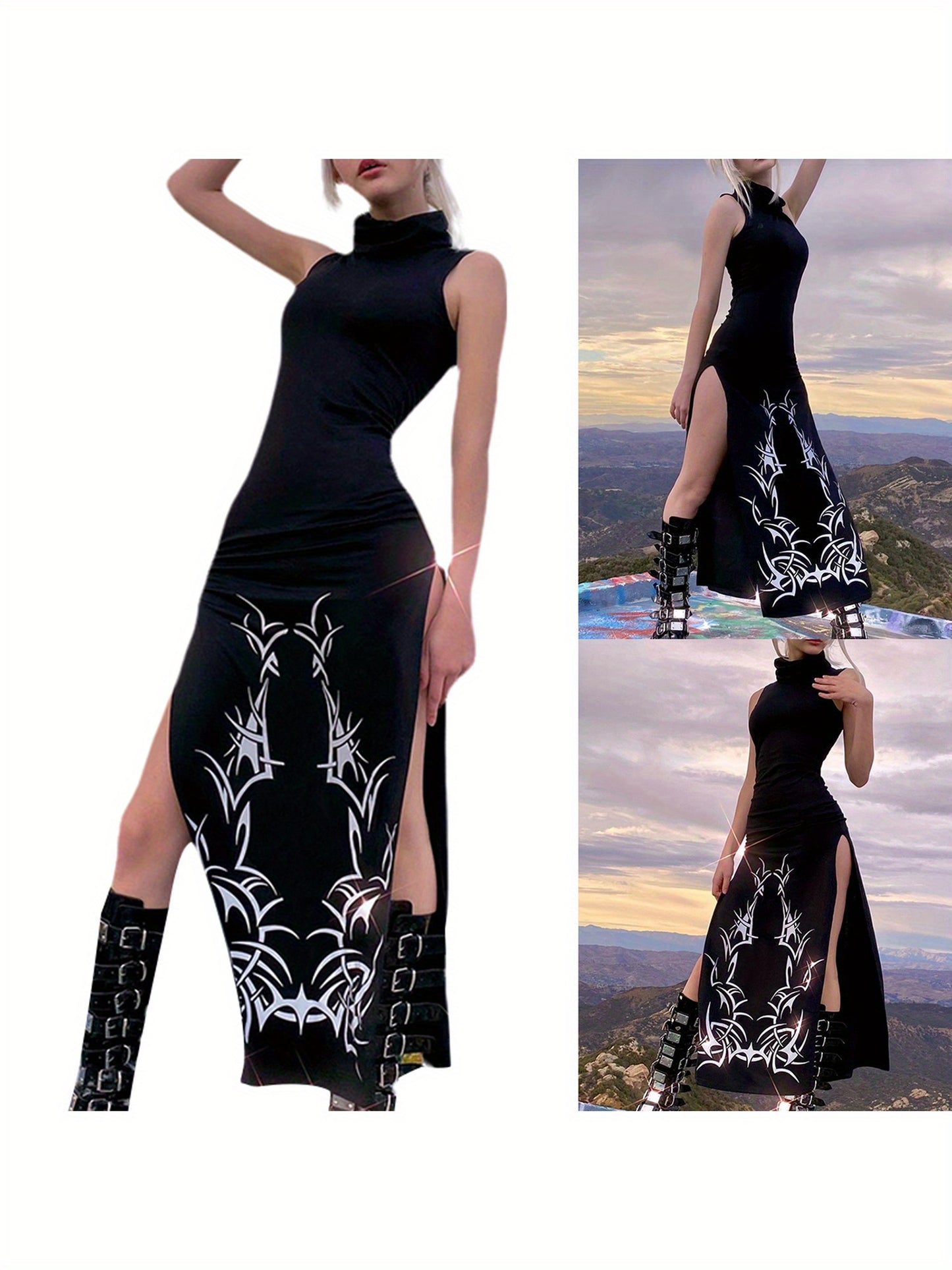 Womens Summer Sleeveless Long Dress Vintage Printing High Collar Slim Fit Split Dress
