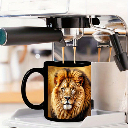 1pc Lion Design Mug - Elegant Lion Face Coffee Cup with Black Interior, 11oz Heavy-Duty Ceramic Cup for Hot/Cold Drinks, Birthday/Anniversary Gifts, Home, Office, or Kitchen - Lion Lovers Gift (Men & Women) - Durable & Easy-C