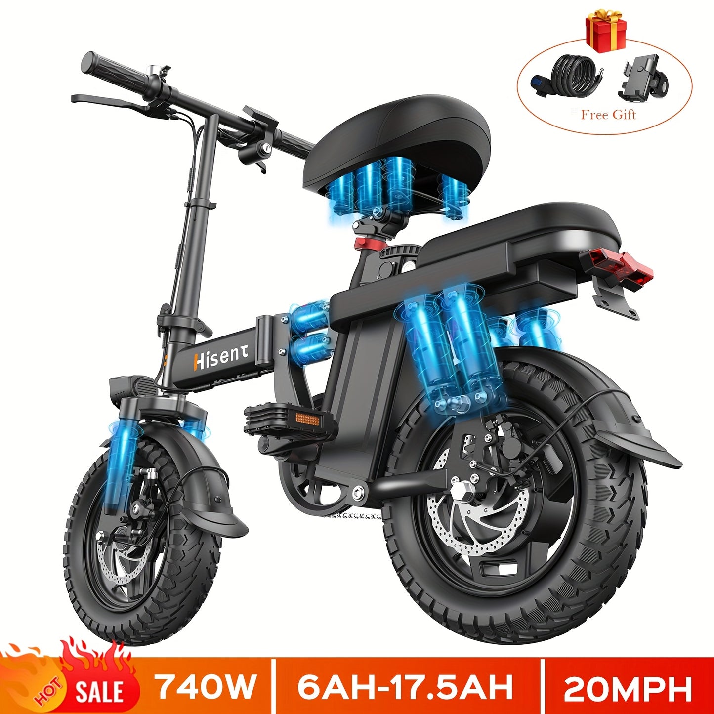 Hisent 740W Folding Electric Bike Is Suitable for Both Adults And Teenagers.14" Tires, 740W Brushless Motor, 48V 6A/10A/15A/17.5A Lithium Battery, Range Of 8-35 Miles, Multiple Shock Absorbers, Alloy Steel Frame, LCD Display