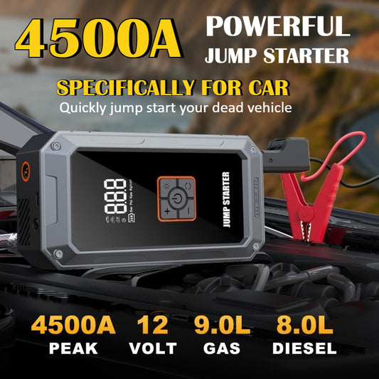 GOANDO Car Battery Jump Starter with Air Compressor 4500A 150PSI | Portable Power Pack, 12V Jump Box with LED Light, Large LED Display, Power Bank, Rechargeable Nickel Battery, ABS Material
