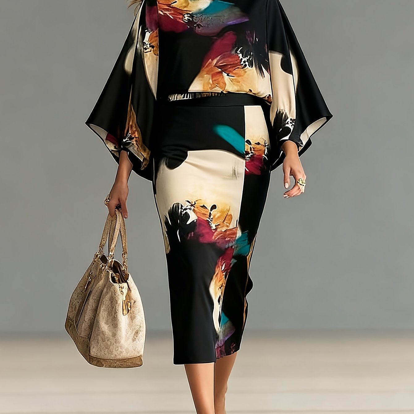 [Women's Casual Set] A New Set Of Women's Spring And Autumn Crewneck Lantern-sleeve Long-sleeve Top + High-waist Skirt Set, Casual Set, Geometric Graffiti Printed Set