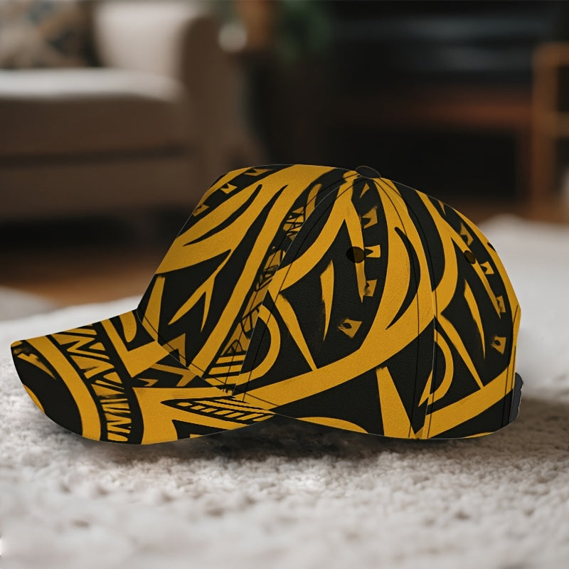 1pc 2D Aztec Spiral Maze Print Baseball Cap - Adjustable Snapback with Full-Body Design, Black & Yellow Pattern, Perfect for Sports, Street Fashion & Outdoor Running, Sports Headwear | Bold Headgear | Durable Headwear
