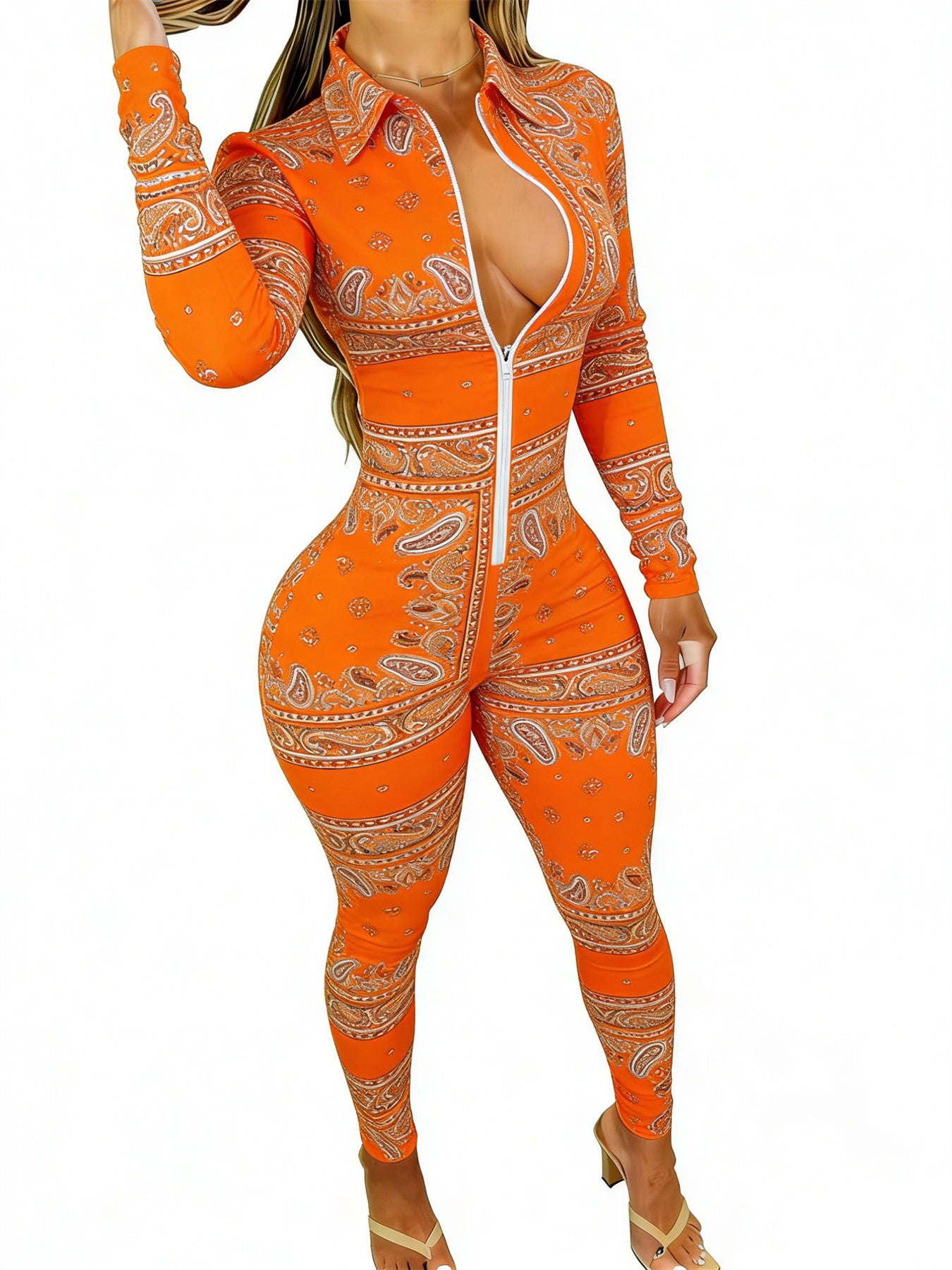 Women'S Long Sleeve Jumpsuit | Stylish Paisley Print, Slim Fit, Perfect for Parties, Dates & Daily Outings, Available in Sizes 2XS to 2XL
