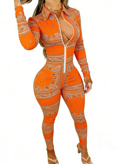 Women'S Long Sleeve Jumpsuit | Stylish Paisley Print, Slim Fit, Perfect for Parties, Dates & Daily Outings, Available in Sizes 2XS to 2XL