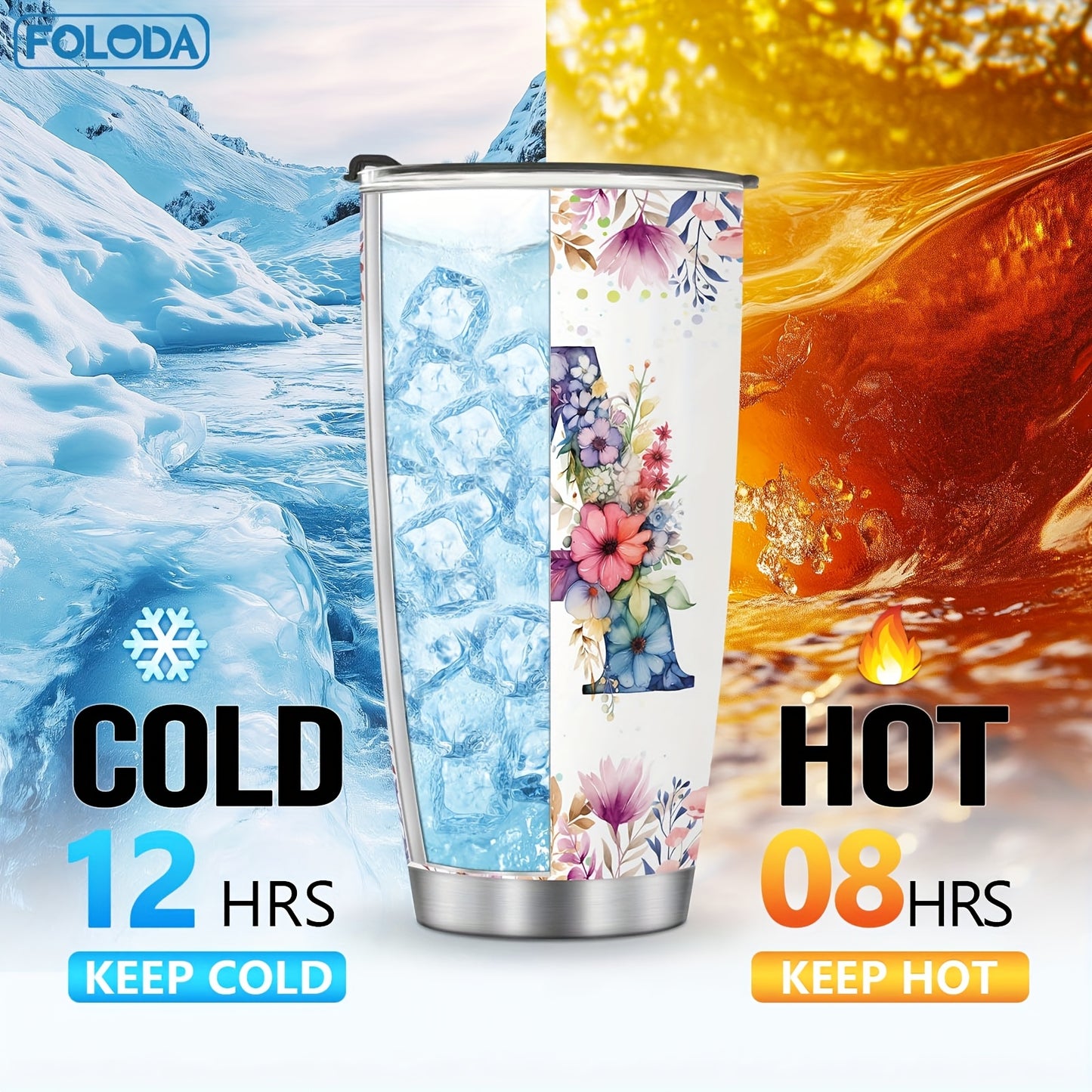 Foloda 1pc Personalized Flower Initials Tumbler Christmas Gift 20oz Mug with Letter Flower Butterfly, Travel Cup for Wedding Birthday Graduation Party, Birthday Valentine's Day Mother's Day Gifts Stainless Steel Mug with Lid