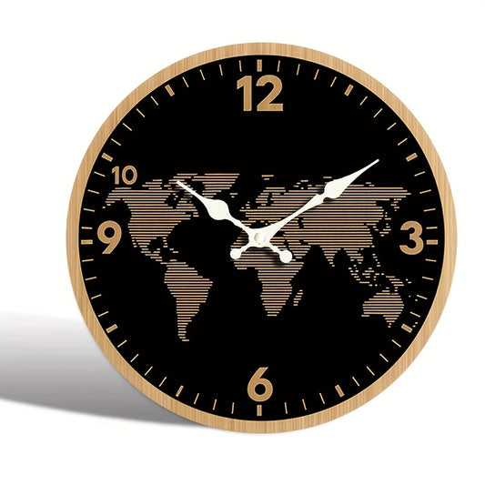 1pc Round Clock, World Map Themed Design Wall Clock, Silent Quartz Wooden Clock, Suitable for Bedroom Living Room Office Kitchen Bathroom, Battery Powered (Batteries Not Included)