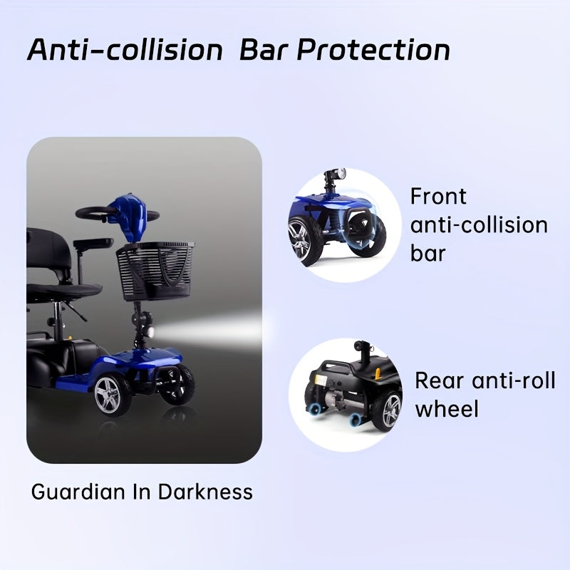 Mobility Aids for The, Four-wheel Foldable Mobility Scooters for Adults, 250w 12V, 12ah 15 Mile Long Range, with LED Headlights And A Detachable Storage Basket. Comes with A Tool Kit, Charger, And Instruction Manual.