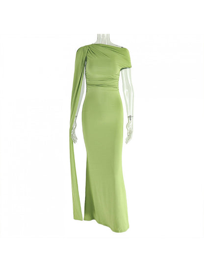 Women's Slim Fit Single Shoulder Dress - Elegant Strapless Diagonal Collar Long Evening Gown Suitable for Weddings, Galas, Proms - Year-Round Formal Dress