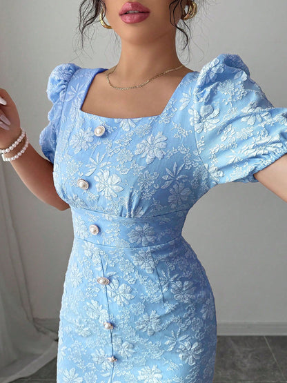 Women's Elegant Square Neck Formal/Party/Casual dress - Waist-Cinching A-Line Midi with Back Zipper, Non-Stretchy Fabric for Wedding, Evening, Vacation - Machine Washable Evening Gown