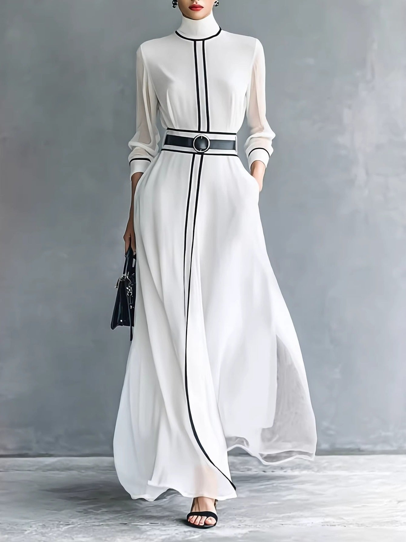 ARTPAGE Spring French Elegant Color-Block Long-Sleeve Dress with High Neck, Chiffon Long Skirt, and Belt