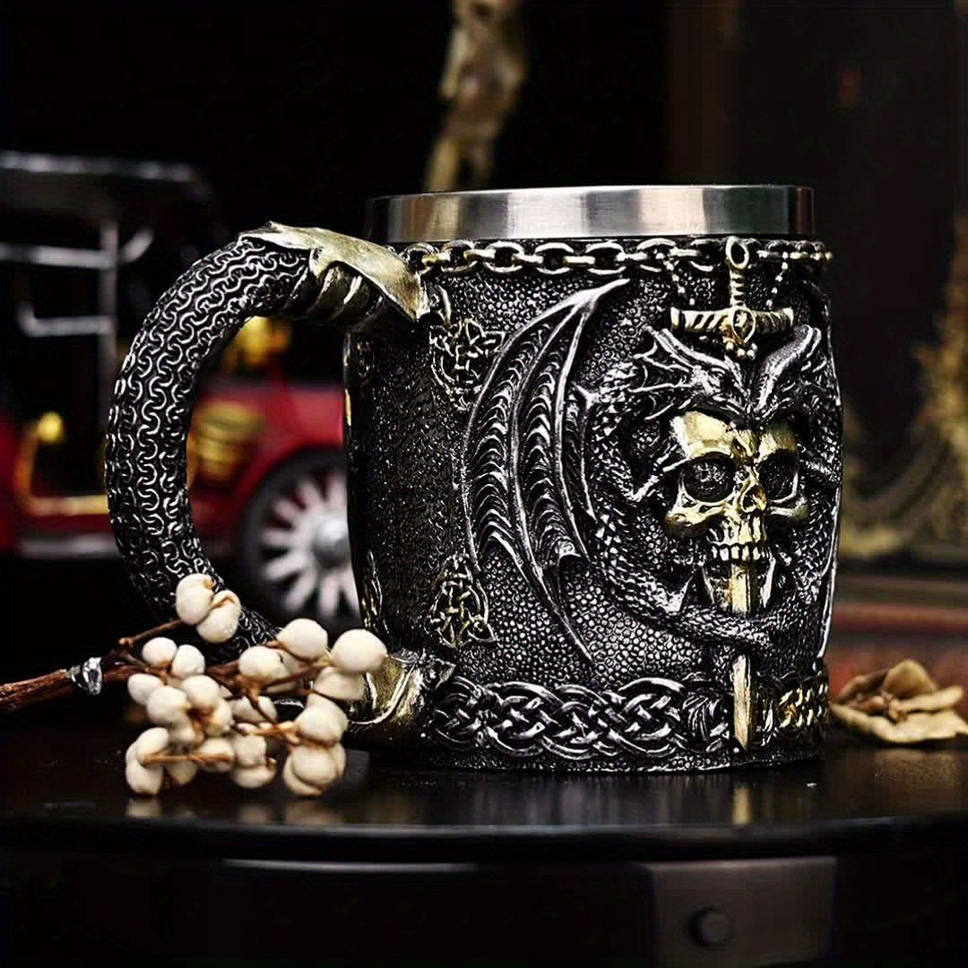 Medieval Collectible Drinkware (Hand Wash Only) - 2024 Dragon Warrior Gothic - 3D Dragon & Skull Coffee Mug & Beer Cup - Stainless Steel Insulining Cup with Celtic Knot Design - Viking-Themed Gift for Men - Christmas - Hallow