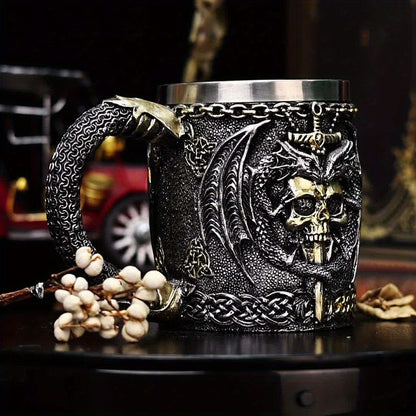 Medieval Collectible Drinkware (Hand Wash Only) - 2024 Dragon Warrior Gothic - 3D Dragon & Skull Coffee Mug & Beer Cup - Stainless Steel Insulining Cup with Celtic Knot Design - Viking-Themed Gift for Men - Christmas - Hallow