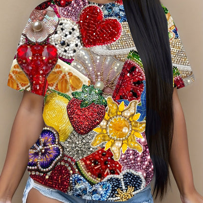Casual And Stylish Women'S Round Neck T-Shirt Featuring a Vibrant Strawberry Flower Print, Perfect for Spring And Summer. These Comfortable Tops Are Designed for Daily Wear, Making Them a Fashionable Choice for Those Who Love