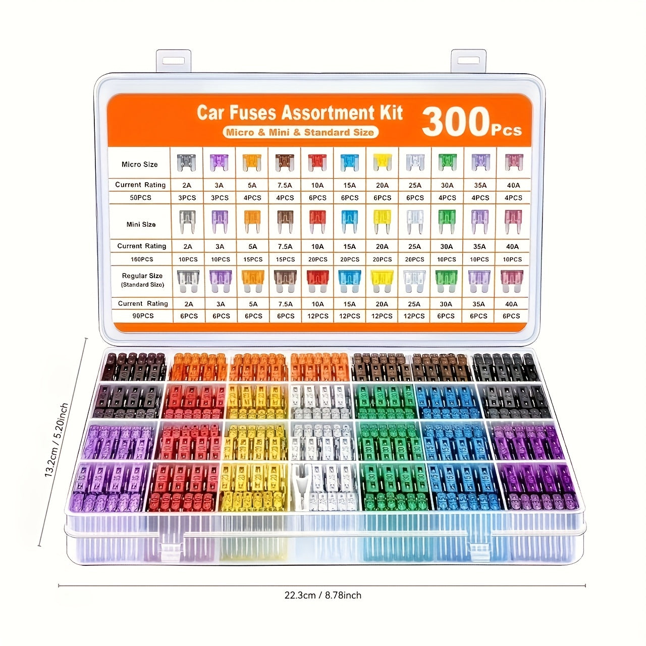 300pcs Car Fuse Kit, Including 160 Mini Fuses, 90 Standard Fuses, 50 Micro Fuses, 1 Removal Tool - Aluminum Alloy, Mixed Colors, Uncharged, Suitable for Cars, RVs, Trucks, Motorcycles 2A 3A 5A 7.5A 10A 15A 20A 25A 30A 35A 40A