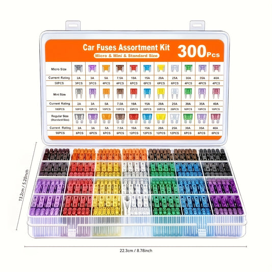 300pcs Car Fuse Kit, Including 160 Mini Fuses, 90 Standard Fuses, 50 Micro Fuses, 1 Removal Tool - Aluminum Alloy, Mixed Colors, Uncharged, Suitable for Cars, RVs, Trucks, Motorcycles 2A 3A 5A 7.5A 10A 15A 20A 25A 30A 35A 40A