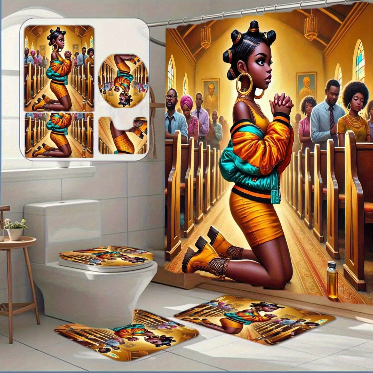 1/4 Shower Curtain Set - Christian Church Prayer Scene with Golden Pews, Non-Slip Bath Mat & Toilet Seat Cover, Machine Washable Bathroom Decor - Religious Bathroom Decoration for Christmas, Thanksgiving, Easter - Spiritual G