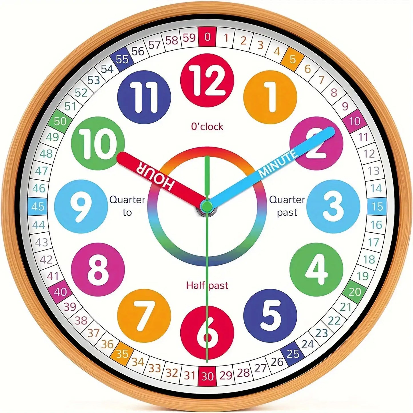 2D Flat, 10-Inch Educational Clock-Silent Non-Tick Learning Tool with Color Coded Minutes, Quiet Japanese Quartz Movement-Suitable for Classrooms, Homes, Offices-Battery Powered Wall Clock (AA Battery Not Included)-Modern Dec