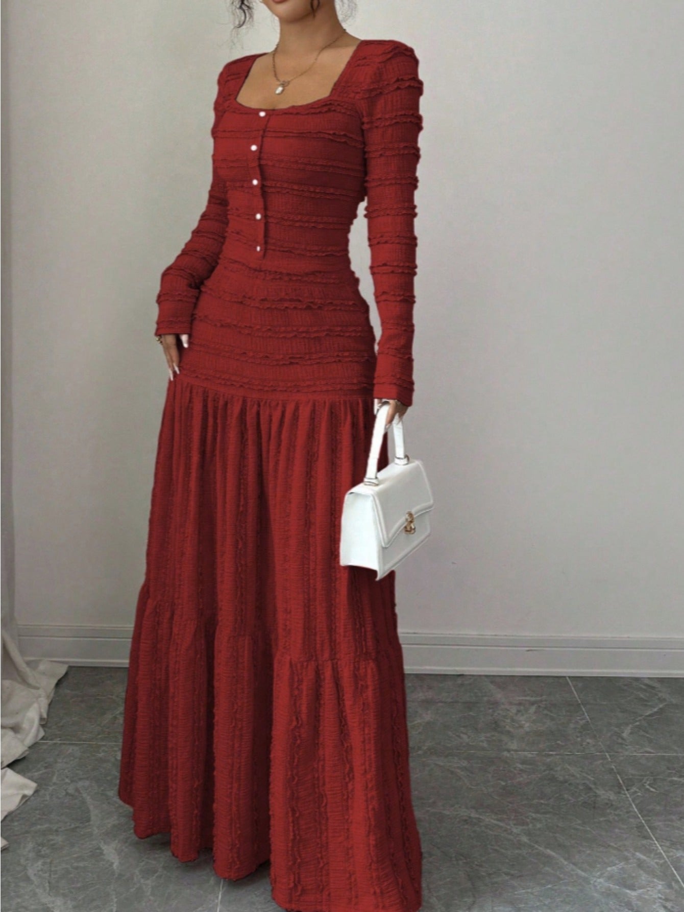 Burgundy Pleated Square Neck Long Dress | Women'S Vintage Elegance with Cinched Waist + Layered Skirt Perfect for New Year'S Gatherings, Family Dinners, and Dates