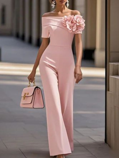 Off-shoulder 3D Floral Decor Waist-Defined Wide-Leg Jumpsuit for Women | Sweet and Elegant Fashionable Mature- Style, Suitable for Everyday Outings, Casual Dates & Dinners, and Social Occasions