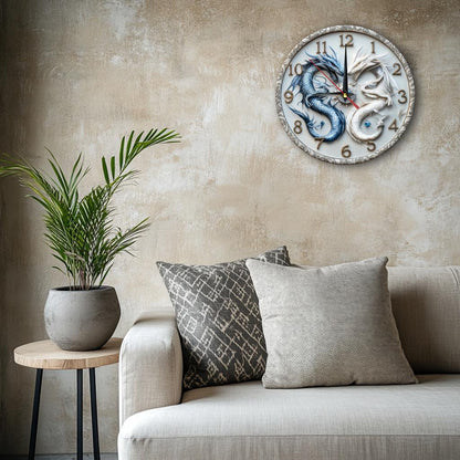 Dragon-Themed Silent Wooden Wall Clock, 9.8" Round - Farmhouse Style for Kitchen, Bedroom, Office Decor | Easy to Read, No Ticking Sound | Battery Not Included