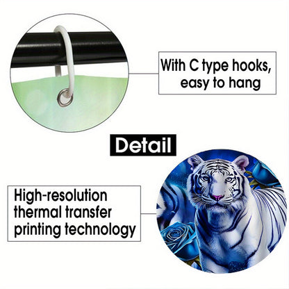 4pcs White Tiger & Blue Rose Bathroom Set - Wet/Dry Shower Curtain System with Non-Slip Mats, Toilet Lid Cover & U-Shaped Mat, 12 Hooks - Luxury Animal Print Bath Decor (Machine Washable, All-Season Use)