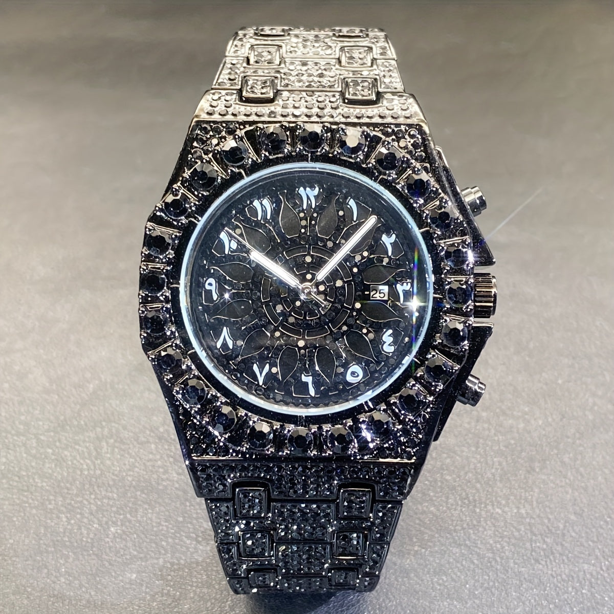 Men's Hip-hop Watch, Dating Party Men's Watch, Large Dial Green Ice Rhinestone, Luminous Pointer Clock, Men's Luxury Gift