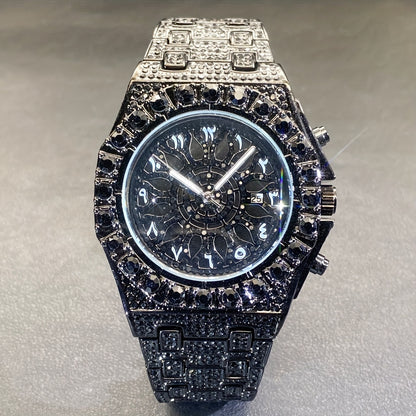 Men's Hip-hop Watch, Dating Party Men's Watch, Large Dial Green Ice Rhinestone, Luminous Pointer Clock, Men's Luxury Gift