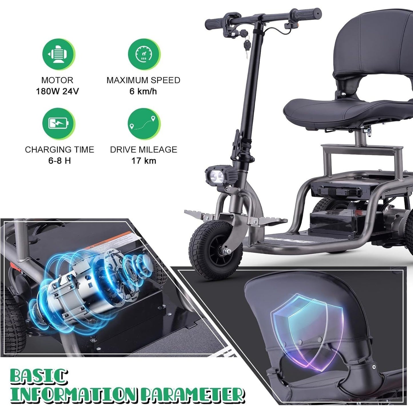 Premium Big Wheel Mobility Scooter for Seniors Adults, Electric Scooter with16'' Front Wheel, Adjust Height Seat and Foldable Handlebar, Led Lights, Max Load 300lb, Charger Included