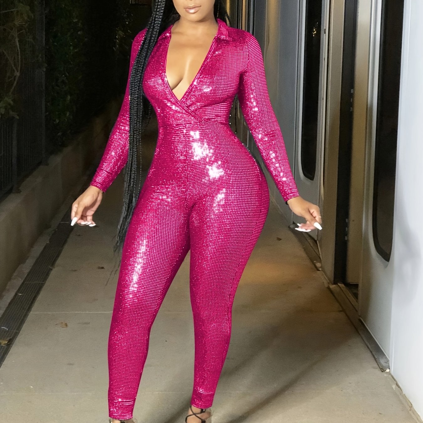 European And American Women'S Metallic Texture Light Mature Deep V-neck Long Sleeved Tight Jumpsuit