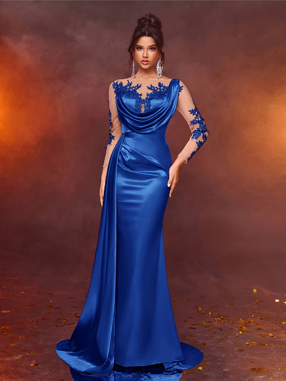 Elegant Long Ladies' Gown with Lace Detail | Solid Color, Contrast Mesh, Long Sleeve, Gown Hem, Ideal for Christmas, Birthday, Graduation, Travel