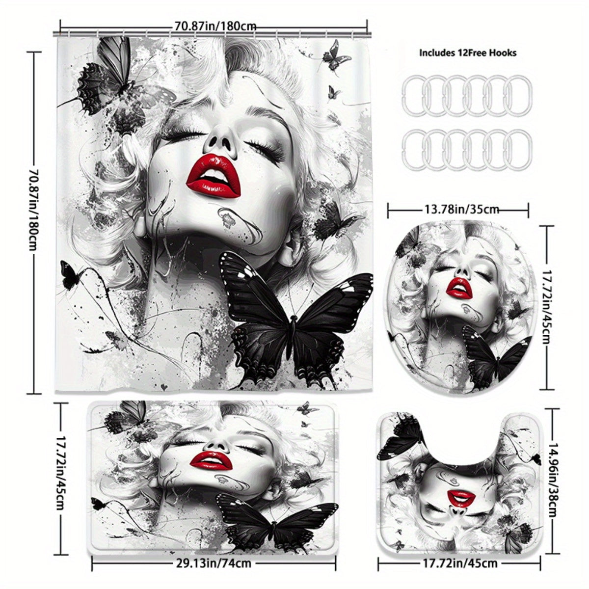 1/3/4pcs Butterfly Kiss II Shower Curtain Set, Black and White Background Red Lip Butterfly Print Bathroom Decor, Includes Bath Mat, U-Shaped Mat, Toilet Lid Cover, 70.87x70.87inch, Curtain with 12 Hooks, "Butterfly Kiss II,