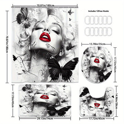 1/3/4pcs Butterfly Kiss II Shower Curtain Set, Black and White Background Red Lip Butterfly Print Bathroom Decor, Includes Bath Mat, U-Shaped Mat, Toilet Lid Cover, 70.87x70.87inch, Curtain with 12 Hooks, "Butterfly Kiss II,