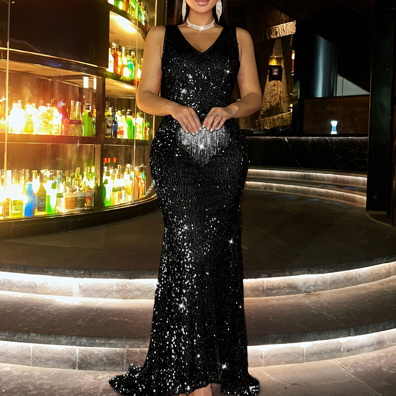 New Sequin Women's Long Dress, Gorgeous Elegant Evening Party Formal Wear Slim High-Waisted Off Shoulder Backless Bridal Wedding Guest Outfit for Travel Music Festival Banquet