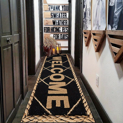 1pc HKStorage Modern Welcome Mat - Elegant Golden Lettering on Black Background, Durable Polyester Rectangular Entryway Mat for Home, Office & Commercial Spaces, Machine-Made Machine Washable, Holiday Decor for Mother'S Day,