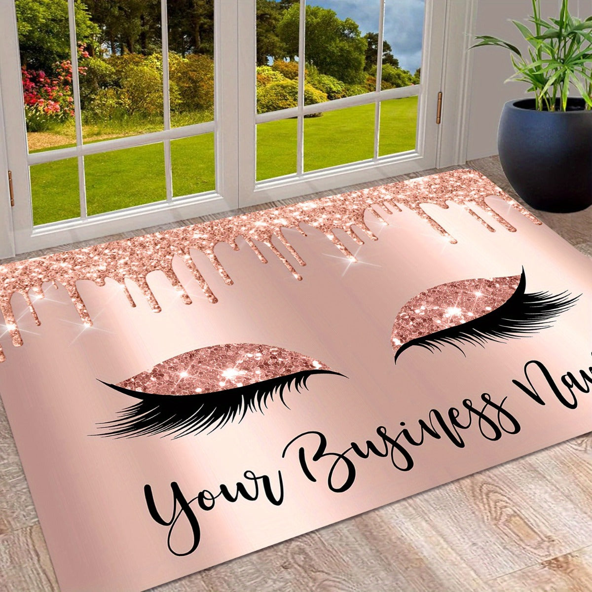 1pc Rose Golden Glitter Eyelash Design Door Mat - 10mm Thick Soft Polyester Non-Slip Rectangular Mat with Pink & Golden Glitter Eyes & Lashes, Luxury Bathroom Bedroom Entryway Decor