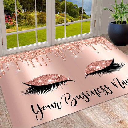 1pc Rose Golden Glitter Eyelash Design Door Mat - 10mm Thick Soft Polyester Non-Slip Rectangular Mat with Pink & Golden Glitter Eyes & Lashes, Luxury Bathroom Bedroom Entryway Decor