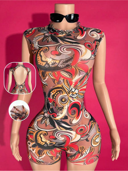 2025-Summer New Sexy Backless Floral Pattern Women'S Mesh Skinny Jumpsuit | Casual Street Music Festival Shopping, Halter Neck Style