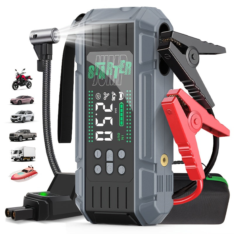 9000A Peak Jump Starter Battery Pack with Air Compressor, Portable Emergency Car Booster for Up to 12.0L Gas/8.0L Diesel Engines, 12V Car Battery Jumper with Display, Smart Jump Cables, PD65W Fast Input & Output, LED Emergenc