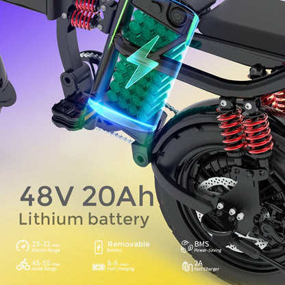 700W Folding E-Bike for Adults: Tackle 25° Hills & 20MPH Speeds. 35-Mile Range with 48V 20Ah Removable Battery, 385LBS Capacity & 11-Layer Shock Absorption for A Smooth Ride. Your All-in-One Commute & Adventure Solution