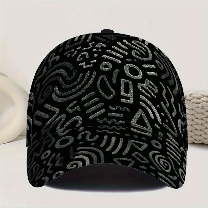 1pc 2D Tribal Doodle Chaos Print Baseball Hat - Full-Body Polyester Snapback Hat with Vibrant Design, Ideal for Running, Sports & Casual Street Fashion., Outdoor Activities, Festival Accessory, Funky Design, Comfortable Fit,